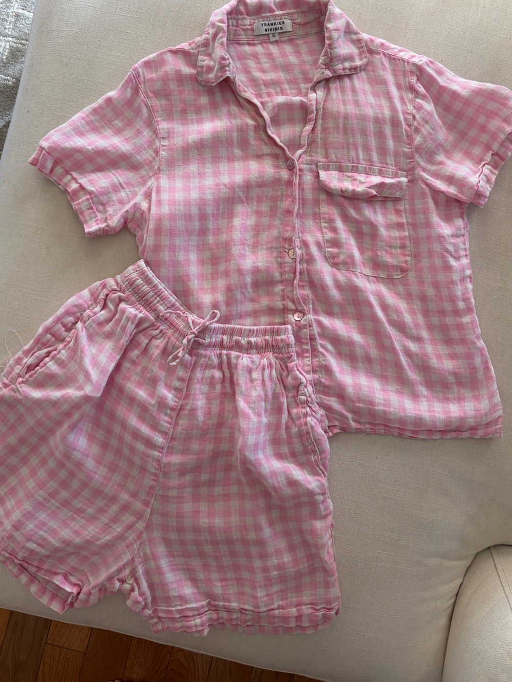 Frankie’s Bikinis Pink Gingham Short Pajama / Cover Up Set